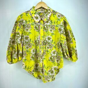 Olivaceous Yellow Floral Puff Sleeve Pink Ric Rac Blouse Womens Large NWT